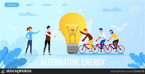 Landing Page Promoting Alternative Clean Energy Campaign. Cartoon Scientists Presenting New Electricity Resource. Man Characters Generate Power Riding Bicycles. Vector Flat Light Bulb Illustration. Landing Page Promoting Alternative Energy Campaign