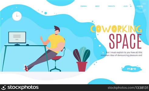 Landing Page Promoting Modern Coworking Space in Office Organization and Usage. Cartoon Male Worker Sitting at Table Illustration. Vector Flat Open Workspace. Working and Rest Hours Planning. Landing Page Promoting Coworking Space in Office