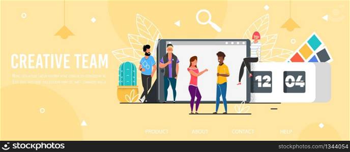 Landing Page Promoting Professional Multi-Ethnic Creative Team. Man and Woman Brainstorming, Collaborating, Communicating, Creating Business Solutions. Vector Flat Big Office Accessories Illustration. Landing Page Promoting Professional Creative Team