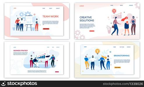 Landing Page Set for Optimization and Development. Mobile Apps and Business Solutions. Male and Female People Characters Working in SEO Team. Edit and Customize Banner Kit. Vector Flat Illustration. Landing Page Set for Optimization and Development