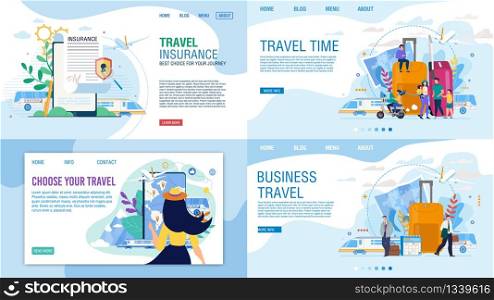 Landing Page Set for Travel Agency Offer Tours for Business, Family Trip on Vacation. Insurance Policy Fulfilling, Choosing Travel Routs and Booking Tickets Online, via Mobile App Vector Illustration