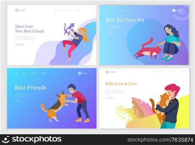 Landing page set of children with cats and dog. Happy, funny kids playing, love and taking care of kittens, pet animals in flat cartoon style.. Landing page set of children with cats and dog. Happy, funny kids playing, love and taking care of kittens, pet animals in flat cartoon