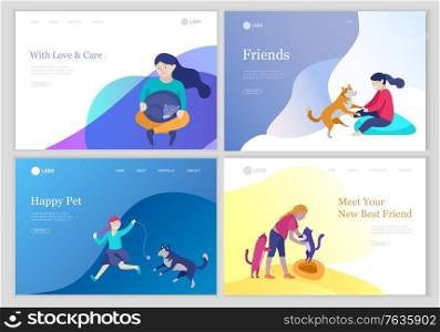 Landing page set of children with cats and dog. Happy, funny kids playing, love and taking care of kittens, pet animals in flat cartoon style.. Landing page set of children with cats and dog. Happy, funny kids playing, love and taking care of kittens, pet animals in flat cartoon