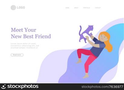 Landing page set of children with pets, cats and dog. Happy, funny kids playing, love and taking care of kittens, pet animals in flat cartoon style.. Landing page set of children with cats and dog. Happy, funny kids playing, love and taking care of kittens, pet animals in flat cartoon