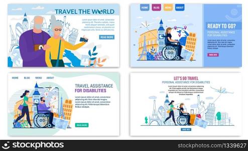 Landing Page Set Offer Best Tour for Senior and Disabled People. Personal Assistance during Transportation Abroad. World Travel for Pensioners. Follow Dream. Rehabilitation Trip. Vector Illustration