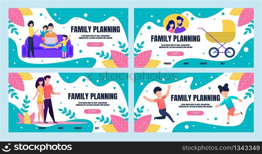 Landing Page Set Offering App for Family Planning. People Cartoon Characters, Parents and Children, Young Married Couple and Newborn in Trolley. Vector Flat Illustration with Foliage Decoration. Landing Page Set Offering App for Family Planning
