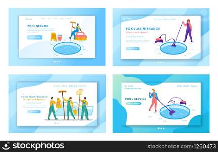 Landing page set - pool maintenance or cleaning service, miniature people in uniform, cleaning products for swimming pool, workers with equipment - test water, broom, vacuum, flat vector for website. swimming pool searvcice flat concept