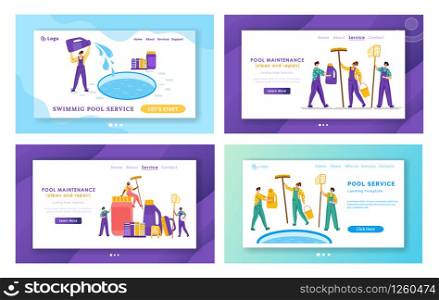 Landing page set - pool maintenance or cleaning service, miniature people in uniform, cleaning products for swimming pool, workers with equipment - test water, broom, flat vector template for website. swimming pool searvcice flat concept