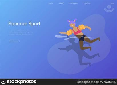 landing page set with children in sea, pool or ocean performing activities, swimming in swimwear, diving, playing ball.. People family and children in sea, pool or ocean performing activities. Men or women swimming in swimwear, diving, surfing, lying on floating air mattress, playing ball. Cartoon vector