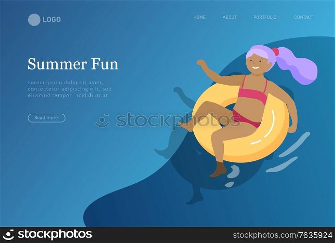 landing page set with children in sea, pool or ocean performing activities, swimming in swimwear, diving, playing ball.. People family and children in sea, pool or ocean performing activities. Men or women swimming in swimwear, diving, surfing, lying on floating air mattress, playing ball. Cartoon vector