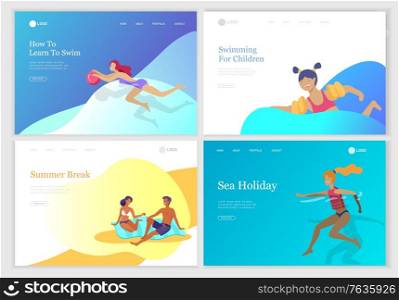 landing page set with People family and children in sea, pool or ocean performing activities. Men or women swimming in swimwear, diving, surfing, lying on floating air mattress, playing ball.. People family and children in sea, pool or ocean performing activities. Men or women swimming in swimwear, diving, surfing, lying on floating air mattress, playing ball. Cartoon vector
