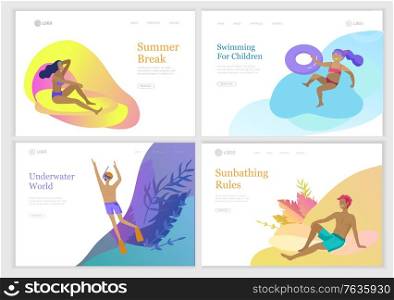 landing page set with People family and children in sea, pool or ocean performing activities. Men or women swimming in swimwear, diving, surfing, lying on floating air mattress, playing ball.. People family and children in sea, pool or ocean performing activities. Men or women swimming in swimwear, diving, surfing, lying on floating air mattress, playing ball. Cartoon vector