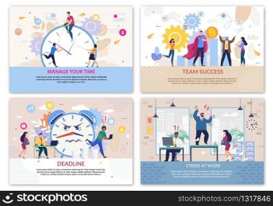 Landing Page Set with Workflow Process Metaphor Design. Business Strategy and Development. Time Management and Deadline Terms. Cartoon Emotional Office People Characters. Vector Illustration