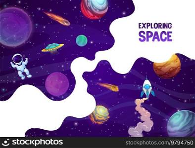 Landing page space, cartoon rocket, astronaut, space planets and stars. Vector background with funny kid cosmonaut flying in weightlessness exploring outer galaxy with asteroids, ufo and starship. Landing page space, cartoon rocket, astronaut