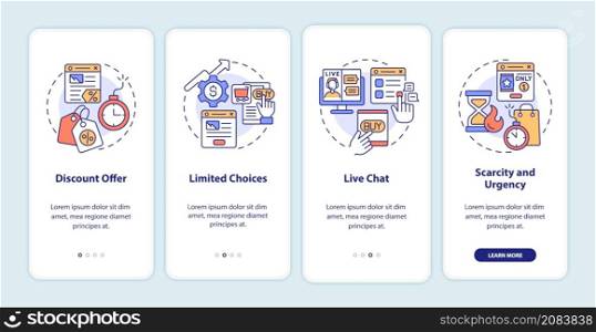 Landing page strategies onboarding mobile app screen. Internet ads walkthrough 4 steps graphic instructions pages with linear concepts. UI, UX, GUI template. Myriad Pro-Bold, Regular fonts used. Landing page strategies onboarding mobile app screen