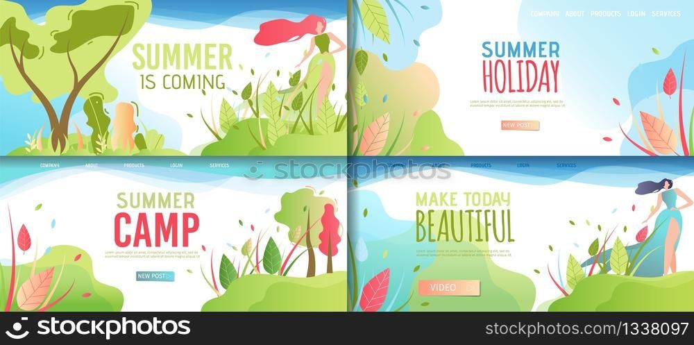 Landing Page Summer Set Offering Rest and Leisure. Cartoon Vector Illustration in Flat Natural Style and Beautiful Woman Characters. Camp for Holidays and Vacation. Summertime Recreation Advertisement. Landing Page Summer Set Offering Rest and Leisure