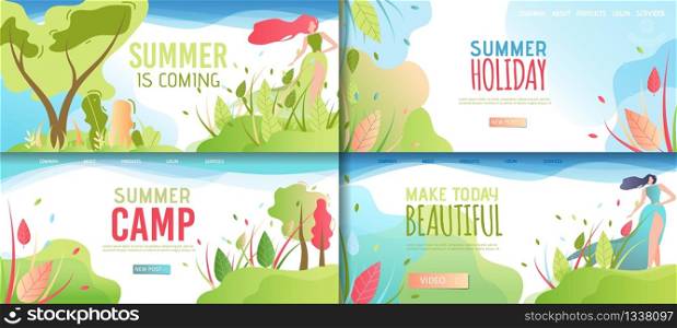 Landing Page Summer Set Offering Rest and Leisure. Cartoon Vector Illustration in Flat Natural Style and Beautiful Woman Characters. Camp for Holidays and Vacation. Summertime Recreation Advertisement. Landing Page Summer Set Offering Rest and Leisure