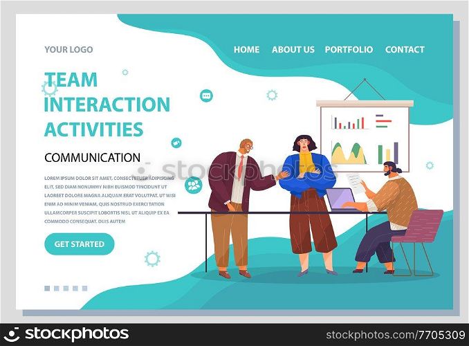 Landing page team interaction activities site. Red-haired man stands and tells sth, girl crossed her arms over chest, man sits and prints document on laptop. Office room, board with analytical data. Teamwork website template. Office workers around table. Man prints document. Board analytical data