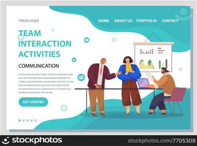 Landing page team interaction activities site. Red-haired man stands and tells sth, girl crossed her arms over chest, man sits and prints document on laptop. Office room, board with analytical data. Teamwork website template. Office workers around table. Man prints document. Board analytical data