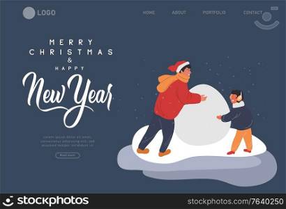 Landing page template Christmas and New Year holiday fair with happy children boys making a snowman. Winter festive Vector cartoon illustration. Landing page template Christmas and New Year holiday fair with happy children boys making a snowman. Winter festive Vector cartoon