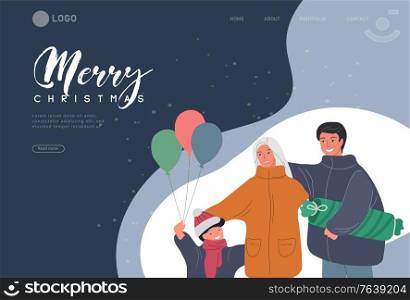 Landing page template Christmas and New Year holiday fair with happy family. Mother and father with child son. Winter festive Vector cartoon illustration. Landing page template Christmas and New Year holiday fair with happy family. Mother and father with child son. Winter festive Vector cartoon