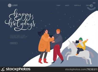 Landing page template Christmas and New Year holiday fair with happy family. Mother and father takes photo of her child daughter riding a pony. Winter festive isolated Vector cartoon illustration. Landing page template Christmas and New Year holiday fair with happy family. Mother and father takes photo of her child daughter riding a pony. Winter festive isolated Vector cartoon