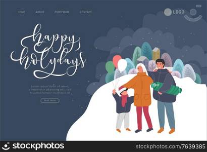 Landing page template Christmas and New Year holiday fair with happy family. Mother and father with child son. Winter festive Vector cartoon illustration. Landing page template Christmas and New Year holiday fair with happy family. Mother and father with child son. Winter festive Vector cartoon