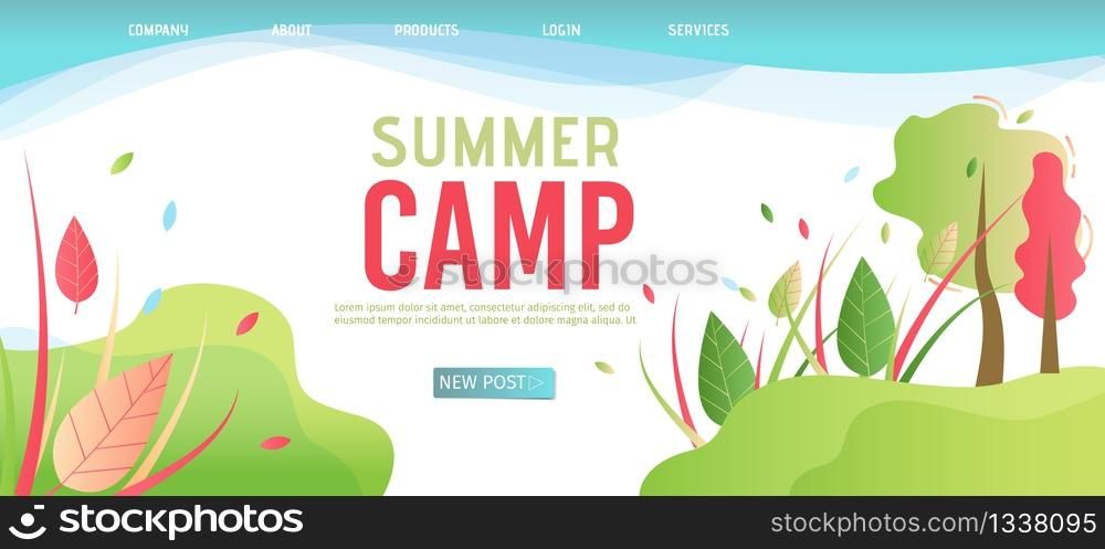Landing Page Template for Organization Summer Camp. Flat Style Vector Illustration with Plants and Leaves Design. Cartoon Green Park Vegetation. Best Place for Rest and Spend Summertime. Landing Page Template for Organization Summer Camp