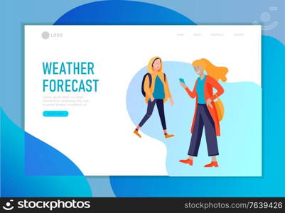 Landing page template for weather forecast. People character in various weather conditions, in seasonal clothes, enjoys walking on street in rain, snowfall, summer heat. Vector cartoon illustration. Landing page template for weather forecast. People character in various weather conditions, in seasonal clothes, enjoys walking on street in rain, snowfall, summer heat. Vector cartoon