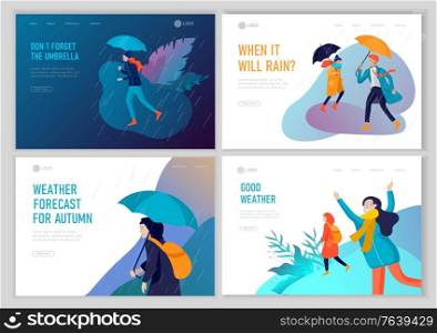 Landing page template for weather forecast. People character in various weather conditions, in seasonal clothes, enjoys walking on street in rain, snowfall, summer heat. Vector cartoon illustration. Landing page template for weather forecast. People character in various weather conditions, in seasonal clothes, enjoys walking on street in rain, snowfall, summer heat. Vector cartoon