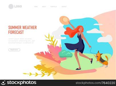 Landing page template for weather forecast. Various stylish girl with her dog character go outdoor on street in summer clothes. Summer hot sunny weather. Colored trendy cartoon. Landing page template for weather forecast. Various stylish girl with her dog character go outdoor on street in summer clothes. Summer hot sunny weather. Colored trendy