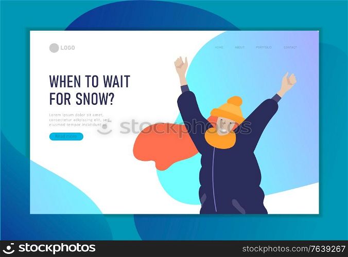 Landing page template for weather forecast. Various stylish happy girl and her dog character go on street in warm clothes. Winter snowfall weather. Happy New Year. Cartoon vector illustration. Landing page template for weather forecast. Various stylish happy girl and her dog character go on street in warm clothes. Winter snowfall weather. Happy New Year. Cartoon vector