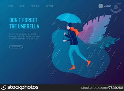 Landing page template for weather forecast. Various stylish people character go on street under umbrellas in warm clothes. Autumn or spring rainy weather. Colored trendy cartoon vector illustration. Landing page template for weather forecast. Various stylish people character go on street under umbrellas in warm clothes. Autumn rainy weather. Colored trendy cartoon vector
