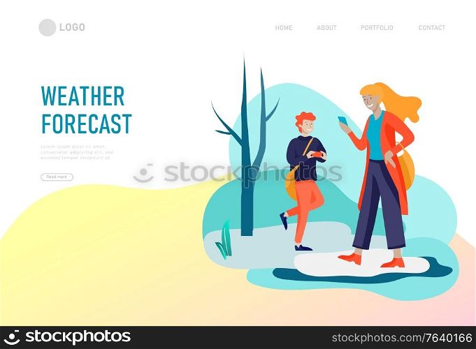 Landing page template for weather forecast. Various stylish woman or people character go on street under in warm clothes. Good weather or melting snow . Colored trendy cartoon vector illustration. Landing page template for weather forecast. Various stylish woman or people character go on street under in warm clothes. Good weather or melting snow . Colored trendy cartoon vector