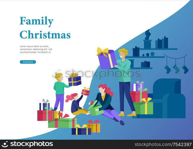 Landing page template greeting card winter Holidays. Merry Christmas and Happy New Year Website. People Characters family give present, unpack gift on background of interior living room. Landing page template greeting card winter Holidays. Merry Christmas and Happy New Year Website. People Characters family give present, unpack gift on background of interior