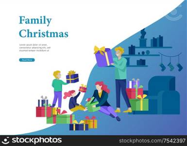 Landing page template greeting card winter Holidays. Merry Christmas and Happy New Year Website. People Characters family give present, unpack gift on background of interior living room. Landing page template greeting card winter Holidays. Merry Christmas and Happy New Year Website. People Characters family give present, unpack gift on background of interior