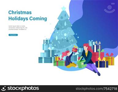 Landing page template greeting card winter Holidays. Merry Christmas and Happy New Year Website. People Characters family give present, unpack gift on background of christmas tree. Landing page template greeting card winter Holidays. Merry Christmas and Happy New Year Website. People Characters family give present, unpack gift on background