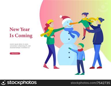 Landing page template greeting card winter Holidays. Merry Christmas and Happy New Year Website. People Characters family makes family snowman in park on snowy landscape background. Landing page template greeting card winter Holidays. Merry Christmas and Happy New Year Website. People Characters family makes family snowman in park on snowy landscape