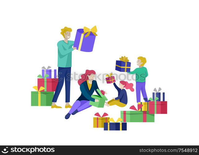 Landing page template greeting card winter Holidays. Merry Christmas and Happy New Year Website. People Characters family give present, unpack gift on background of christmas tree. Landing page template greeting card winter Holidays. Merry Christmas and Happy New Year Website. People Characters family give present, unpack gift on background