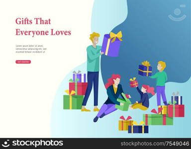 Landing page template greeting card winter Holidays. Merry Christmas and Happy New Year Website. People Characters family give present, unpack gift on background. Landing page template greeting card winter Holidays. Merry Christmas and Happy New Year Website. People Characters family give present, unpack gift