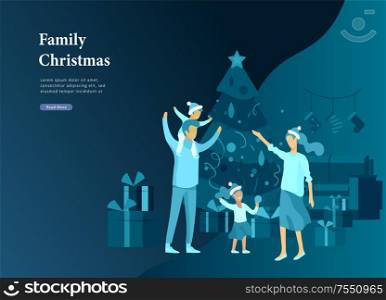 Landing page template greeting card winter Holidays. Merry Christmas and Happy New Year Website. People Characters family with present decorating Christmas tree on background of interior living room. Landing page template greeting card winter Holidays. Merry Christmas and Happy New Year Website. People Characters family with present decorating Christmas tree on background of interior