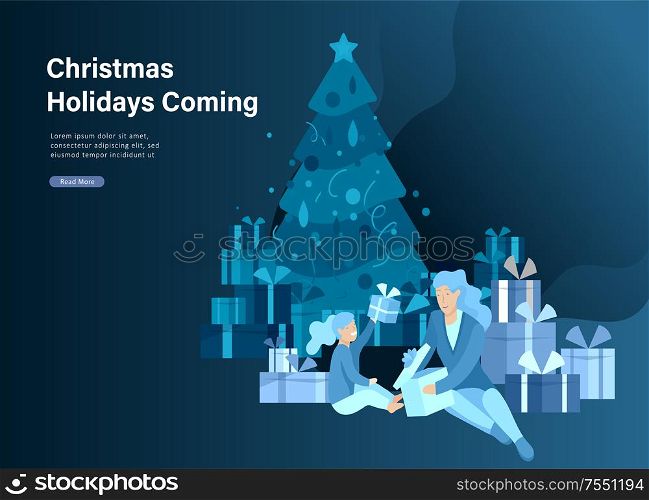Landing page template greeting card winter Holidays. Merry Christmas and Happy New Year Website. People Characters family give present, unpack gift on background of christmas tree. Landing page template greeting card winter Holidays. Merry Christmas and Happy New Year Website. People Characters family give present, unpack gift on background