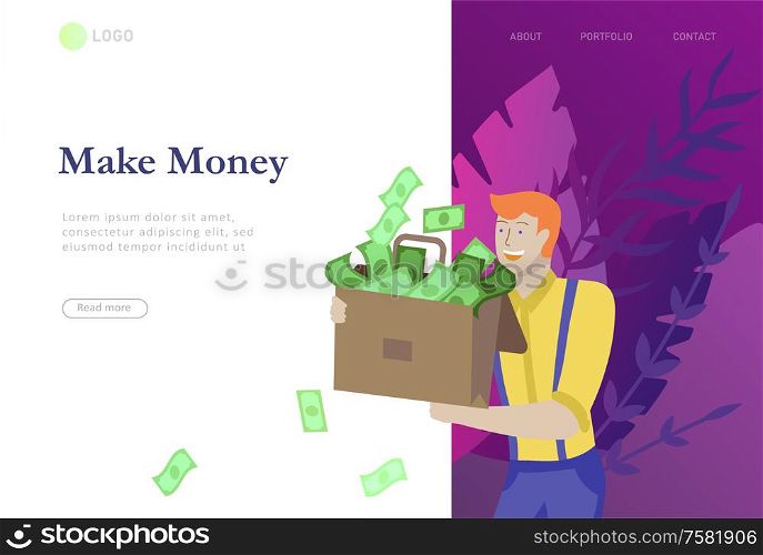 Landing page template Happy people with money, characters in move make money. Business investment, money rain, men and woman run with profit, catch bills. Cartoon style, flat vector illustration. Landing page template Happy people with money, characters in move make money. Business investment, money rain, men and woman run with profit, catch bills. Cartoon style, flat vector