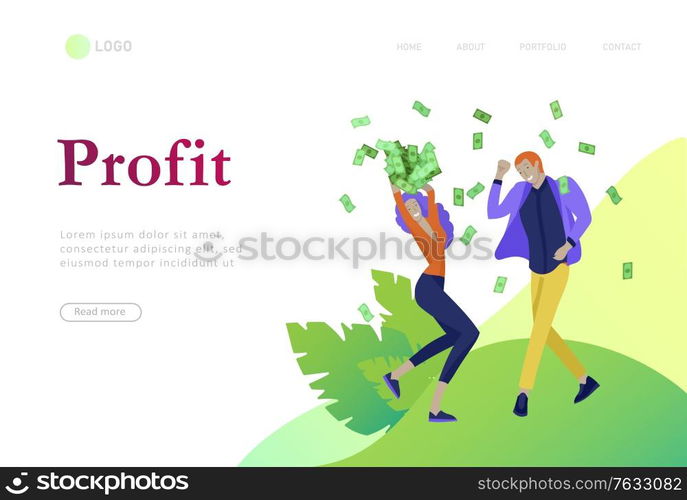 Landing page template Happy people with money, characters in move make money. Business investment, money rain, men and woman run with profit, catch bills. Cartoon style, flat vector illustration. Landing page template Happy people with money, characters in move make money. Business investment, money rain, men and woman run with profit, catch bills. Cartoon style, flat vector