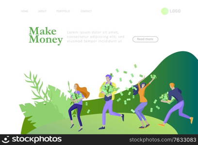 Landing page template Happy people with money, characters in move make money. Business investment, money rain, men and woman run with profit, catch bills. Cartoon style, flat vector illustration. Landing page template Happy people with money, characters in move make money. Business investment, money rain, men and woman run with profit, catch bills. Cartoon style, flat vector