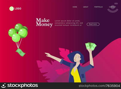 Landing page template Happy people with money, characters in move make money. Business investment, money rain, men and woman run with profit, catch bills. Cartoon style, flat vector illustration. Landing page template Happy people with money, characters in move make money. Business investment, money rain, men and woman run with profit, catch bills. Cartoon style, flat vector