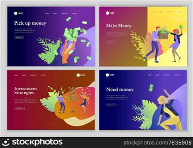 Landing page template Happy people with money, characters in move make money. Business investment, money rain, men and woman run with profit, catch bills. Cartoon style, flat vector illustration. Landing page template Happy people with money, characters in move make money. Business investment, money rain, men and woman run with profit, catch bills. Cartoon style, flat vector
