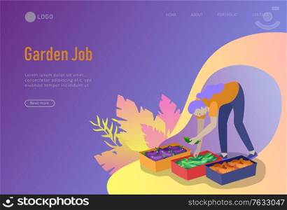 landing page template Harvesting and gardening people, woman and man doing farming and garden job, planting, lay ripe vegetables to box. Reaping crop concept. Harvesting and gardening people doing farming and garden job, pick berries, remove weeds, watering, planting, growing and transplant sprouts, lay ripe vegetables to box. Reaping crop