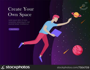 landing page template. Inspired People flying. Create your own spase. Character moving and floating in dreams, imagination and freedom inspiration design work. Flat design style. landing page template. Inspired People flying. Create your own spase. Characters moving and floating in dreams, imagination and freedom inspiration design work