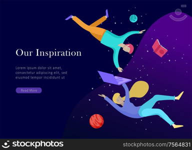 landing page template. Inspired People flying. Create your own spase. Character moving and floating in dreams, imagination and freedom inspiration design work. Flat design style. landing page template. Inspired People flying. Create your own spase. Characters moving and floating in dreams, imagination and freedom inspiration design work